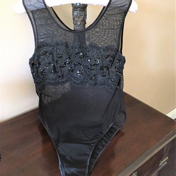 Tops - Sheer black bodysuit w/Beaded Queen Annes lace